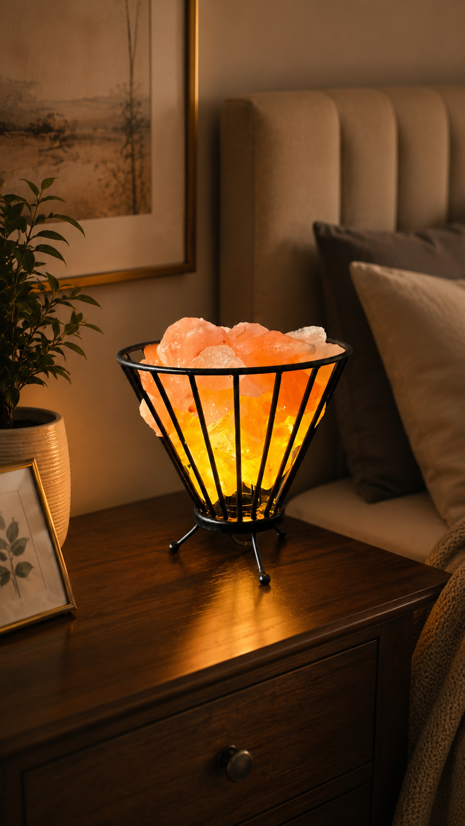 Himalayan Pink Salt Basket Lamp; cone shaped