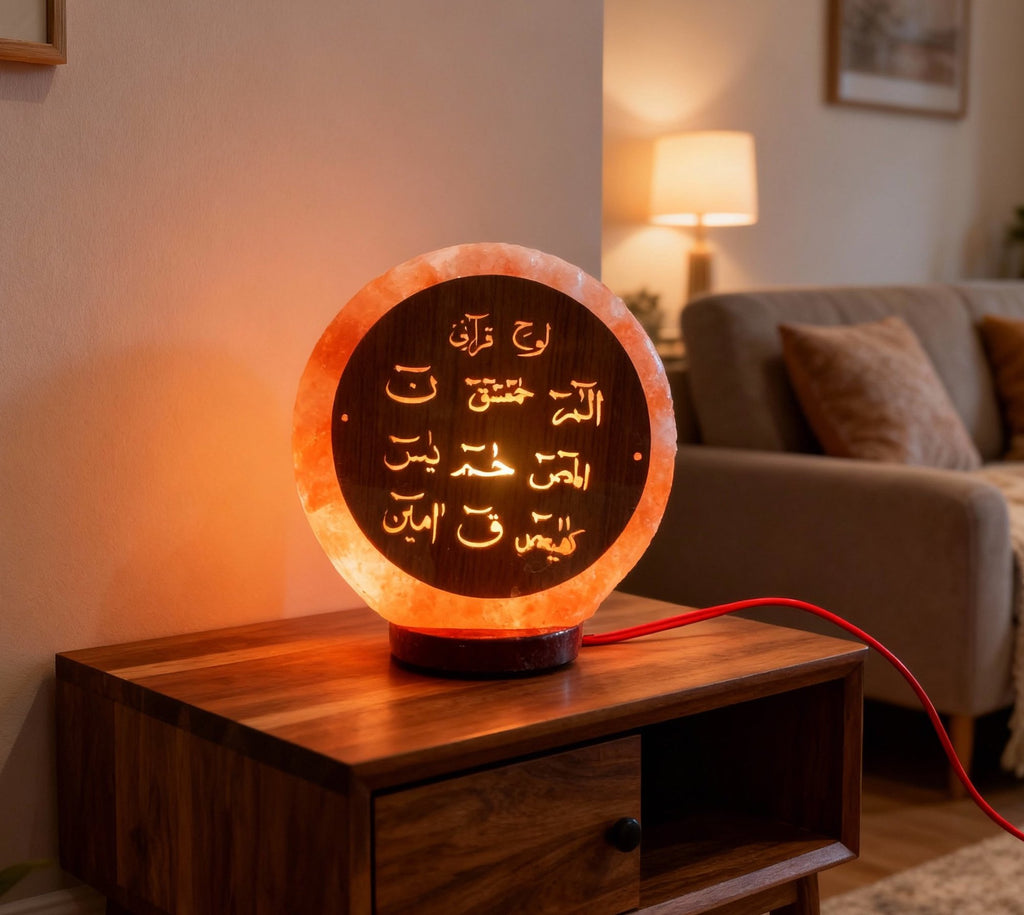 Blessed Loh-e-Qurani Himalayan Salt Lamp – Artistic Islamic Pink Salt Table Decor